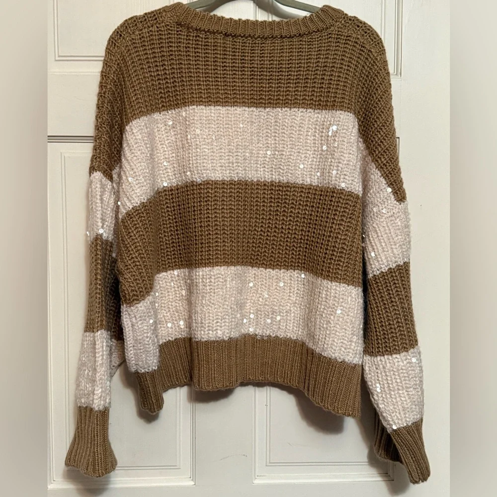 Brown and Cream Striped Sequin Knit Sweater - Picture 4 of 7